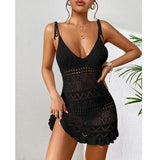 DEKA Style Knitting Multicolor Slip Dress Fashion Hollow Out Short Dress Women's Beach Holiday Bikini Cover Up Fishnet Crochet S