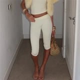 Y2K Low Waist Fold-Over Capri Leggings Solid Color Women High Stretch Slim Fit Knee Length Pants Streetwear Casual Summer Outfit