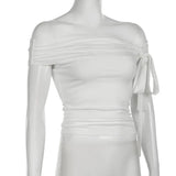 Korean Style Solid Color Women's Top Casual Slash neck Crop Top Fahionable Slim Fit White Tee Lady Summer Night Out Dress up