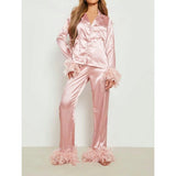 Combhasaki Women's Silk Satin Pajamas Set Feather Trim Cuff 2 Piece Loungewear Long Sleeve Button Down Shirt Pants Set Sleepwear