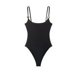 Black And Brown Spaghetti Strap Bodysuits With Rose Gold Button Decor Elegant Slim Fit Shapewear For Women Nightclub Wear 4UMT