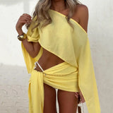 2Pcs/Set Summer Women Cover-Ups Sloping Shoulder Long Sleeve Tops High Waist Lace-up Mini Skirt Set UV Protection Beach Outfit