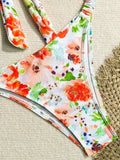 Sexy Flowers Printed V Shaped Bandeau Bikini Women Swimwear Female Swimsuit Two-pieces Bikini set Bather Bathing Suit Swim Lady