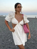 Foridol Lace Summer White Dress Women Puff Sleeve Embriodery Waist Cut Out Beach Short Sexy Cotton Dress Backless 2025 Sundress