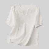 Women Summer Loose Embroidered V Neck Solid Color Short Sleeved Comfortable Button Down Shirt Top женская одежда