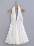 Foridol White Beach Summer Dress Women Backless Cotton Lace Short Autumn Sundress Women Clothing Halter A-line Pleated Dress