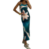 Summer Tie-Dye Floral Print Backless Party Dress Women Sleeveless Spaghetti Strap Sexy Bodycon Dress for Vacation Cocktail Beach