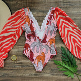 One Piece Swimsuit Sexy Long Sleeve Tropical Print Swimwear Women Bandage Monokini Hollow Out Bathing Suit String Beachwear 2023