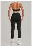 2 Pieces Color-block Yoga Sets Women  Hanging Neck Sports Bra High Waist Pants Built-in Pockets Outdoor Fitness Workout Suit