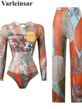 S - XXL New Printed Long Sleeve With Pants Women Swimwear One Piece Swimsuit Female Floral Padded Bather Bathing Suit Swim V7176
