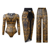 S - XXL 3PCS New Printed Long Sleeve With Pants Sarong Women Swimwear One Piece Swimsuit Female Bather Bathing Suit Swim V7180
