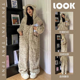 Leopard Hooded Pajamas Animal Kigurumi Unicorn Adult Onesies for Women Winter Sleepwear Flannel Pochets Overall Sets Slippers
