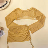 Sexy Gold Mesh Long Sleeve Cover Up Skirt 4 Piece Swimsuit 2026 Swimwear Women Summer Leather Push Up Bra Bathing Suit Swimsuit
