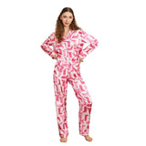 Women's Loose Two Piece Lounge Set Long Sleeve Lapel Boots Print Shirt Pants Fall Winter Satin Sleepwear Sets