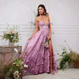 Women's Fashion Flower Print Bead Chain Halter Neck Long Dresses Sexy V-neck Backless Leace-up Slit Dress Lady Party Vestidos