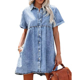 Faux Denim Button-down Mini Dress Women Summer Dress Short Sleeves A-line Lapel Patchwork Dress for Dating Commuting Party