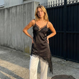 Women's Summer Solid Color Long Camisoles Tops Spaghetti Strap Stylish Lace Trim Casual Tank Tops for Indoor Outdoor Wear