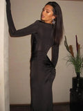 Ahagaga Fashion Sexy Elegant Maxi Dresses Streetwear V-neck Casual Solid High Split Long Sleeve Slim Sheath Party Women Vestidos