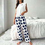 Spring Summer Heart Print Sleepwear Women Comfortable Pajamas Set Short Sleeve T-shirt with Pants Casual Homewear Loungewear