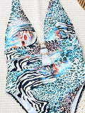 Tiger Printed Halter Deep V Neck One Piece Swimsuit Women Swimwear Female Backless Monokini High Cut Bathing Suit Swim Bodysuit