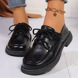 Fashion Faux Pu Leather Loafers Shoes Women 2025 Non Slip Black Lace Up Loafers Round Toe Platform Casual Shoes Female