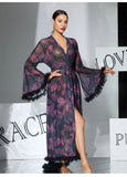 2026 New Women Elegant Butterfly Print Mesh Robe Big Flare Sleeve Lace Up Tassel Fringe High Slit Bathrobe Loungewear