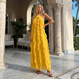 Women Fashionable Backless Sleeveless Ruffle Dresses Summer Holiday Beach  Solid Color Halter Long Dress