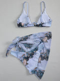 Marble Print V-Bar Underwired Bikini Women Swimsuit Female Swimwear Three-pieces Bikini Set Push Up Bathing Suit Beach Sarong