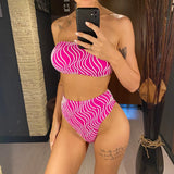 Sexy Wave Striped Bandeau High Waist Bikini Female Swimsuit Women Swimwear Two-Pieces Bikini Set Bather Bathing Suit Swim V5445