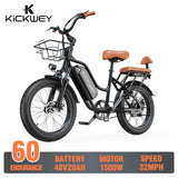 Electric Bike for Adults 20'' 1500W Peak Ebike Up to 50 Miles 32MPH Electric Mountain Bike 48V 20AH Removable Battery UL2849