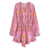 Long Sleeve Spring Summer Short Jumpsuit Women Printed Bohemian Wide Leg Playsuit Female Romper Ruffles Rayon Boho Overalls 2025