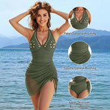 2026 Summer Sexy Hollow Out One-piece Suit Swimwear Back Cross Bandage Bikini with Cover Up Dress Beachwear Female Holiday Look
