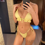 New With Sarong Halter Ruffled Bikini Women Swimwear Female Swimsuit Three-pieces Bikini Set Bather Bathing Suit Swim Lady V4144