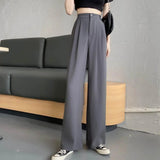 Women High Waist Straight Wide Leg Pants Solid Color Suit Pants Elastic Slant Pockets Loose Office Trousers