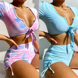 2026 Two Piece Swimsuit Swimwear Women Short Sleeve High Waist Bowknot Bathing Suit Beachwear Snakeskin Print Banadores Mujer