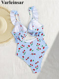 S - XL Cherry Printed Plaid Cut Out One Piece Swimsuit Women Swimwear Female Frilled High Leg Cut Bather Bathing Suit Swim V7557