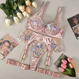 Toucheart 4-Piece Set Sexy Lingerie Set Embroidery Patchwork Mesh See-Through Exotic Underwear Women Garter Belt Underwear Suit