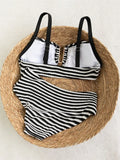 Sexy Black Striped Two Piece Bikini Set Women Metal U Neck Push Up Bra Belt High Waist Swimsuit Beach Bathing Suit Swimwear 2026