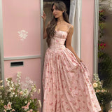 FDYOUI 2026 Summer Floral Print Spaghetti Strap Dress for Woman Elegant Sleeveless High Waist Long Party Evening Dresses Pink