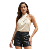 Women Fashion Sleeveless Halter Neck Tank Tops Summer Solid Color Backless Satin Casual Vests Streetwear