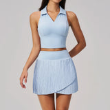 Women's Tracksuit Yoga Set 2 Pieces High Waist Pleate Pocket Skort Fitness Suit Turn Down Collar V Neck Slim Tank Top Sporstwear