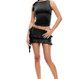 Women Summer Skirts Outfits Solid Color Tie-Up Sleeveless Tank Tops Ruffles Mini Skirts 2 Pieces Clothes Sets