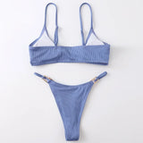 Sexy Ribbed Metal Rings High Cut Bikini Female Swimsuit Women Swimwear Two-pieces Bikini Set Micro Thong Bathing Suit Swim Lady