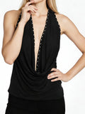 Women’s Summer Solid Color Studded Halter Tank Tops Fashionable Slim Fit Cowl Neck Backless Vest