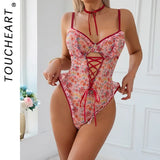 Toucheart Sexy Women Lace Backless Interesting  Babydoll Bodysuit Wrap Dress High Waisted Printing Bow Knot  Babydoll Bodysuit