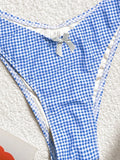 Blue Plaid Print Two Piece Swimsuit for Women Sexy Bow Suspender Backless Bikini Set High Waist Thong Beach Bathing Suit 2025