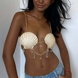 Women's Sea Shell Bra Halter Neck Tank Tops Metal Chain Crystal Body Chain Bralette Vest for Summer Hawaiian Parties