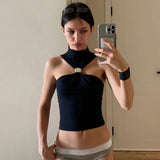 FDYOUI 2026 Summer Halter Neck Off Shoulder Corset High Street Women Sexy Sleeveless Crop Top Hollow Out Slim Tank Tops Clubwear