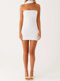 Women Solid Color Ruched Tube Top Dress Summer Slim Off Shoulder Sleeveless Open Back Mini Bodycon Dresses with Scarf