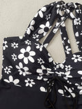 Vintage Black Flower Print Skirt Bikini Set 2026 Front Bow Crop Top Bathing Suit Swimwear Women's High Waist Swimsuit Tankini